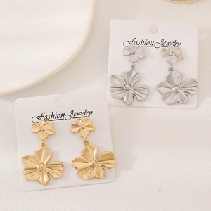 Vintage gold and silver double floral drop earrings with metallic texture for women