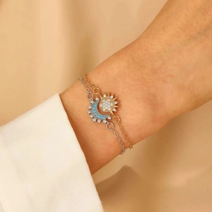 Elegante Koperen Zon Maan Ster Strass Hanger Ketting Armband Open Ring Set Voor Vrouwen Celestiale Mode Sieraden Cadeau