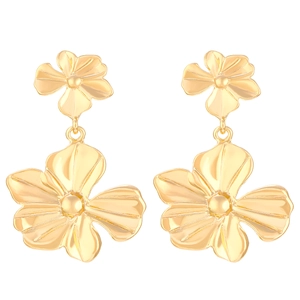 Pendientes vintage de doble flor dorada con pétalos de metal pulido y diseño de naturaleza