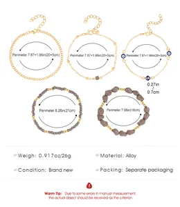 Detailed size chart for five-piece beaded bracelet set with perimeter and weight details