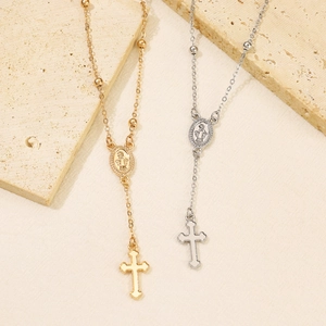 Collier chapelet à perles avec médaille de la Vierge Marie et pendentif croix en or et argent