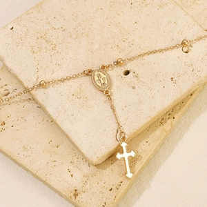 Collier chapelet doré avec médaille de la Vierge Marie et pendentif croix blanche