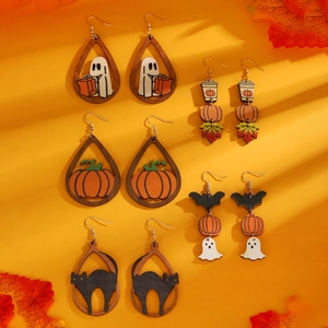 Γοτθικά Ξύλινα Σκουλαρίκια Halloween Φάντασμα Κολοκύθα Μαύρη Γάτα Νυχτερίδα Φλιτζάνι Καφέ Αστεία Κοσμήματα για Γυναίκες Κορίτσια