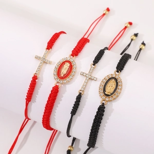Bracelets religieux tressés main avec Vierge Marie, croix et strass brillants