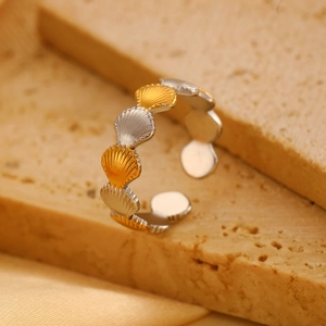Macro detail of adjustable starfish ring featuring alternating gold and silver shell textures