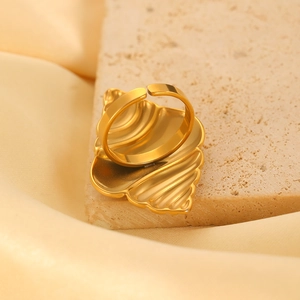 18K gold plated stainless steel open ring with a shell-inspired textured design for women