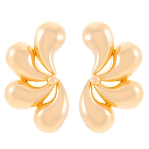 Detail of large gold mirror-polished four-petal flower earrings with waterdrop design