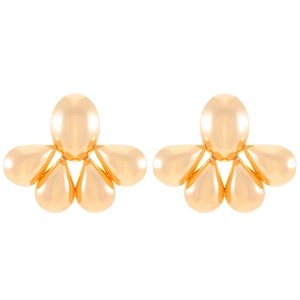 Detail view of large gold metallic flower stud earrings with polished teardrop petals