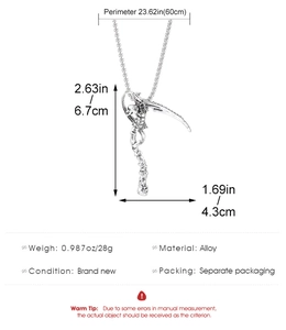 Macro view of gothic skull and scythe pendant with detailed alloy dimensions and scale