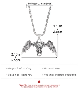 Detailed size specifications of the Gothic skull necklace with silver bat wings and chain