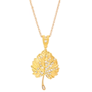 Collar con colgante de hoja con brillantes pedrería en cadena de cordón dorado