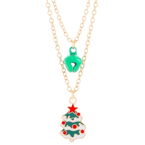Collar de doble capa dorado con campana de esmalte verde y colgante de árbol de Navidad