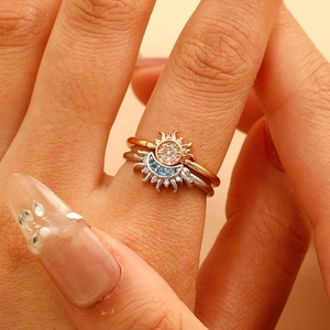 Celestial sun and moon stacking ring set with zircon stones in gold and silver finish
