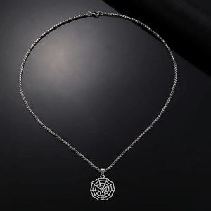 Gothic silver spider web necklace with skull palm pendant for Halloween punk fashion style