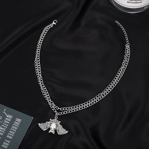Gothic layered bat pendant necklace with vintage silver finish for Halloween jewelry gift