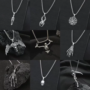 Vintage Punk Skull Skeleton Pendant Necklace For Men Women Gothic Bat Reaper Spider Web Halloween Jewelry Alloy Sweater Chain