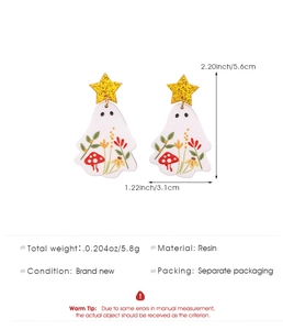 Ghost earrings with mushroom patterns and star detail showing exact product dimensions