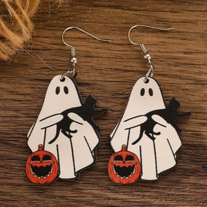 Detail view of Halloween wooden ghost earrings with black cat and pumpkin on wood background