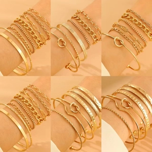 Women Gold Knotted Bracelet Collection Alloy Multi Layered Geometric Bangle Rhinestone Artificial Pearl Jewelry Assortment