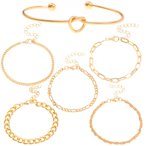 Set of 6 gold alloy bracelets featuring a knot bangle and diverse geometric chain styles