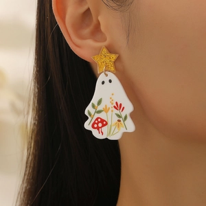 Ghost dangle earrings with star studs and floral mushroom print for Halloween