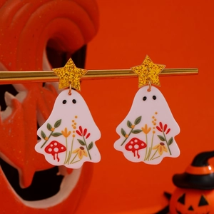 Halloween white ghost acrylic earrings with floral patterns and gold star hooks