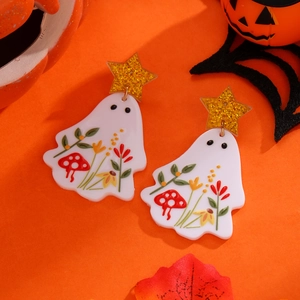 Ghost acrylic earrings with retro flower patterns and gold star for Halloween