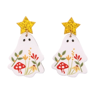 Ghost earrings with gold glitter stars and floral mushroom prints for Halloween
