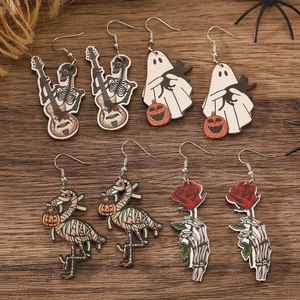 Halloween Gothic Wooden Skeleton Flamingo Pumpkin Ghost Drop Earrings For Women Printed Festive Party Jewelry Earrings