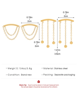 Detailed view of golden stainless steel double chain stud earrings with size specs