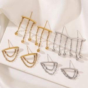 Minimalist stainless steel tassel chain stud earrings in gold and silver finish