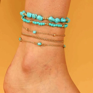 Bracelet de cheville multicouche bohème avec pierres turquoise et charm œil porte-bonheur