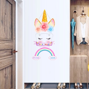 Cartoon unicorn rainbow wall sticker with Come Inside text for room door decor
