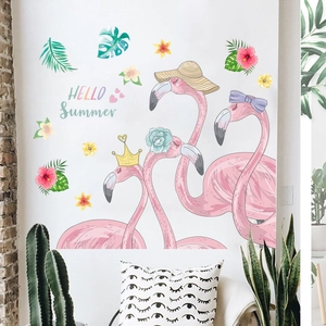 Nordic INS Flamingo Tropical Leaves Wall Stickers PVC Removable Hello Summer Decals For Living Room Bedroom Home Decor