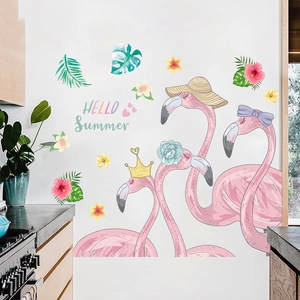 Pink flamingo wall stickers with tropical green leaves and Hello Summer text for home decor