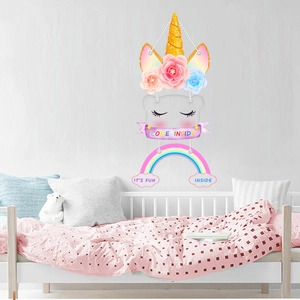 Rainbow unicorn wall hanging with Come Inside banner for kids room wall decor