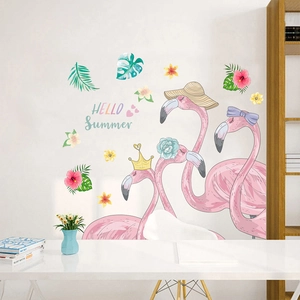 Nordic flamingo wall stickers with tropical leaves and HELLO Summer lettering for bedroom decor