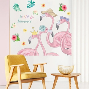 Nordic flamingo wall stickers with tropical palm leaves and hibiscus for summer decor