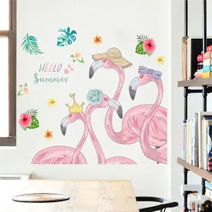 Nordic watercolor pink flamingo wall stickers with tropical green leaves for home decor
