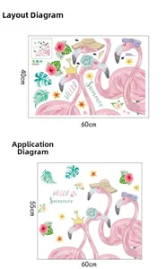 Pink flamingo wall sticker set with tropical flowers and layout dimensions detail
