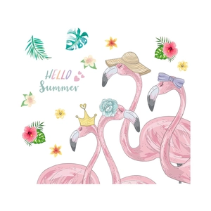 Detailed watercolor flamingo wall stickers with Hello Summer text and tropical leaves
