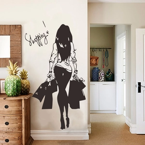 Fashion Shopping Girl Silhouette Wall Sticker Removable PVC Decorative Wall Decal For Bedroom Living Room Home Art Mural Black