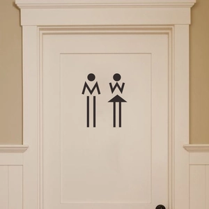 Insegne per WC M e W nere minimaliste su una porta in legno bianca classica