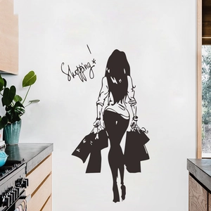 Fashionable girl shopping silhouette wall decal with shopping text for bedroom decor