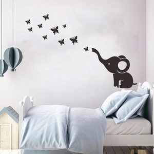Cartoon Elephant And Butterfly Wall Stickers PVC Removable Self Adhesive Decals For Kids Room Bedroom Home Decor Black Silhouette