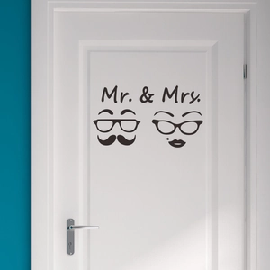 Mr & Mrs vintage style vinyl door stickers with glasses and mustache design for home decor
