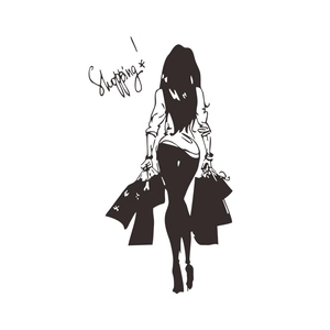 Detail view of black silhouette wall sticker featuring a woman shopping with bags