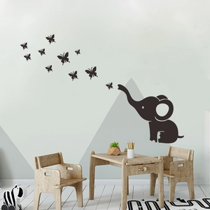 Black elephant and butterflies wall stickers for kids nursery room decor in vinyl