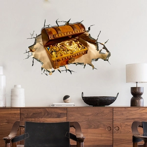 Vue détaillée du sticker mural 3D montrant un coffre au trésor rempli de pièces d'or