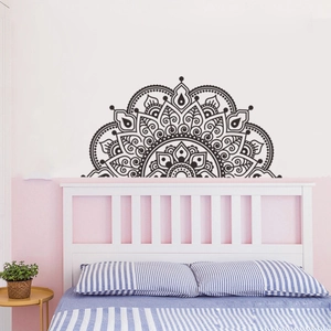 Detailed macro view of black mandala semi-circle wall decal for bedroom headboard decor